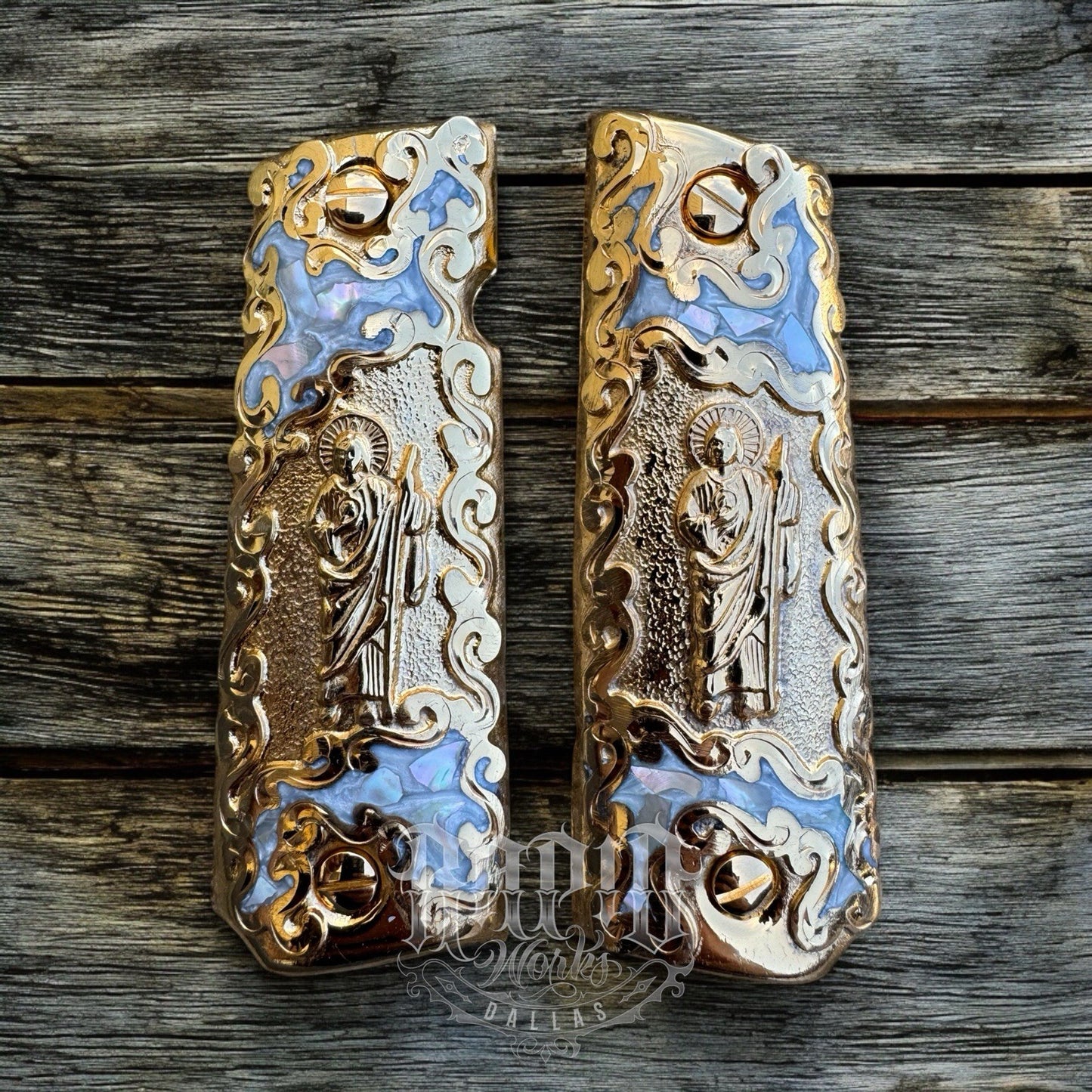 1911 45 38 Super Full Size San Judas Gold Gun Pistol Grip Cachas & 24K Screws