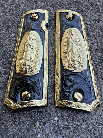 1911 45 38 Super Full Size Virgen De Guadalupe Gold Gun Grip Cachas & 24K Screws