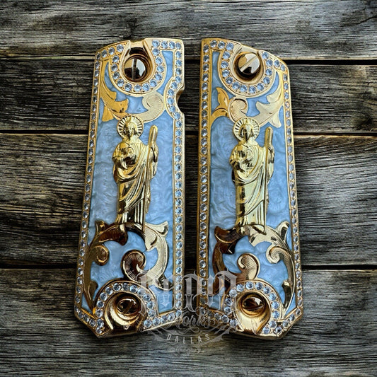 1911 ZIRCONIA 45 38 SUPER SAN JUDAS GOLD GUN PISTOL GRIP CACHAS & 24K SCREWS