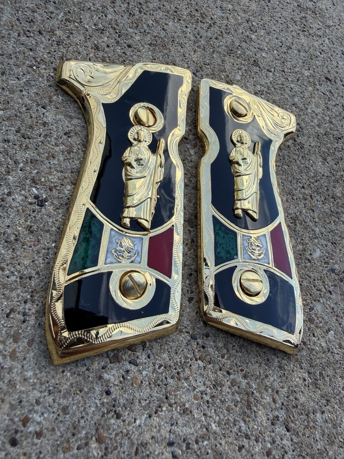 Beretta 92FS Cachas San Judas Gold Plated Pistol Custom Grips & Gold Screws