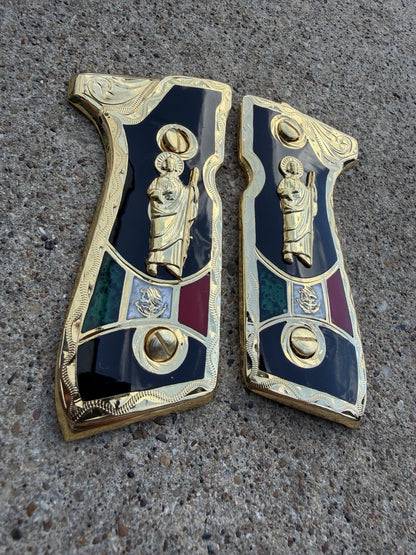 Beretta 92FS Cachas San Judas Gold Plated Pistol Custom Grips & Gold Screws