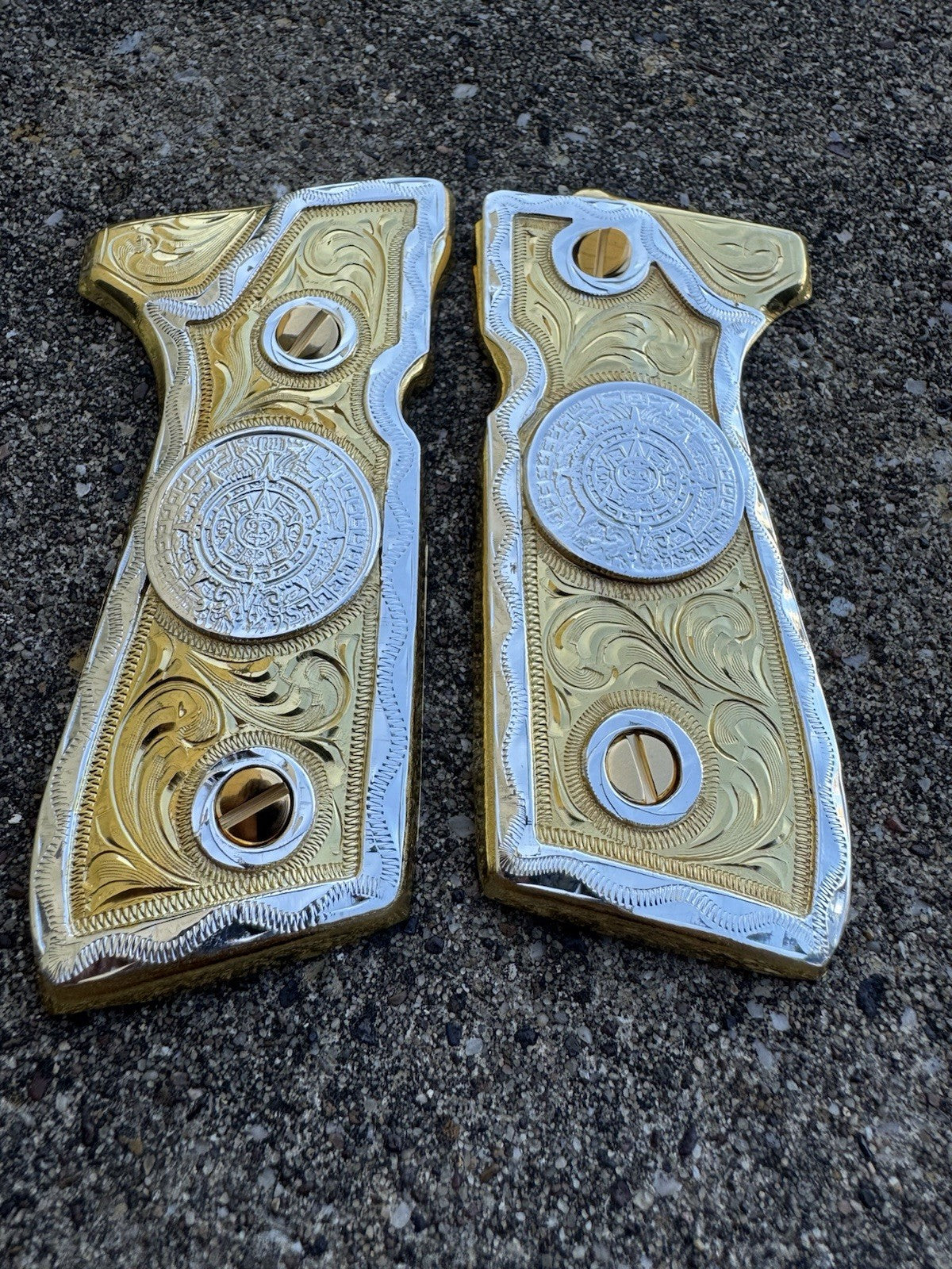 Beretta 92FS Cachas Azteca Gold Plated Pistol Custom Grips & Gold Screws
