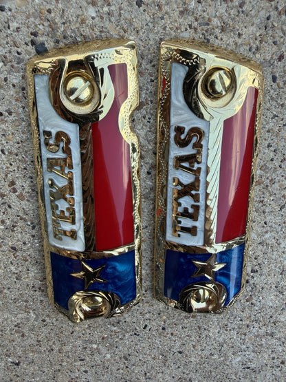 1911 45 38 Super Full Size Texas Gold Gun Pistol Grip Cachas & 24K Screws