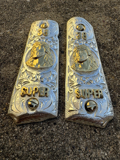 1911 45 38 Super Full Size Jesus Gold Gun Pistol Grip Cachas & 24K Screws