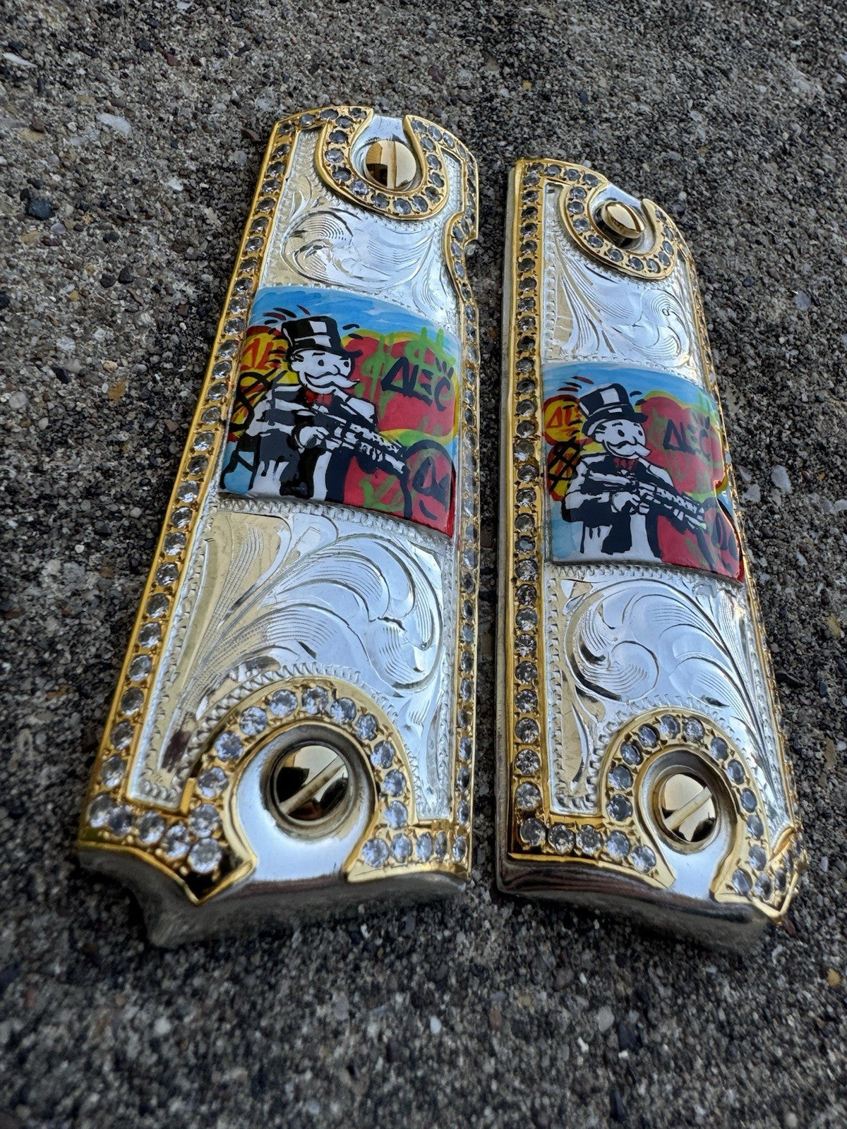 1911 ZIRCONIA 45 38 SUPER MONOPOLY GOLD GUN PISTOL GRIP CACHAS & 24K SCREWS