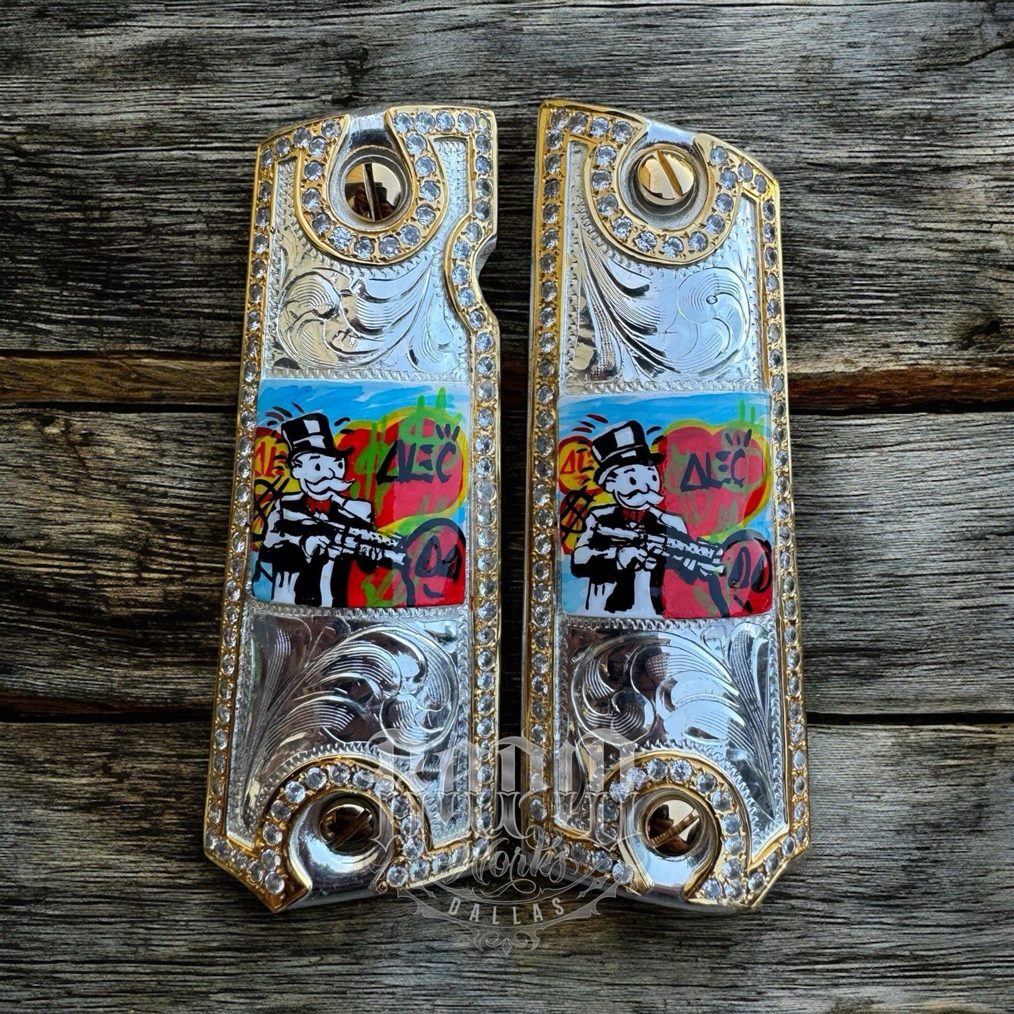 1911 ZIRCONIA 45 38 SUPER MONOPOLY GOLD GUN PISTOL GRIP CACHAS & 24K SCREWS