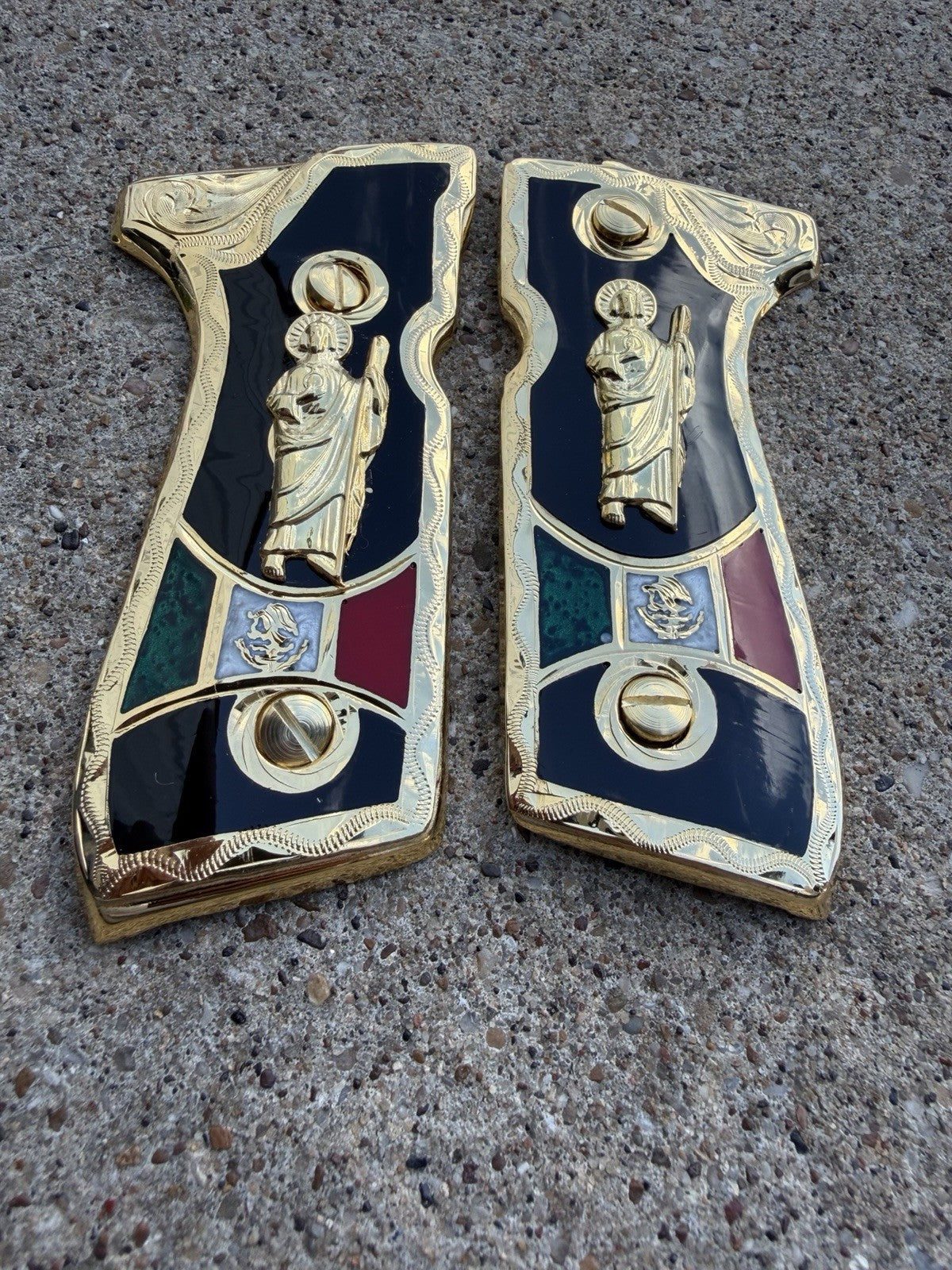 Beretta 92FS Cachas San Judas Gold Plated Pistol Custom Grips & Gold Screws