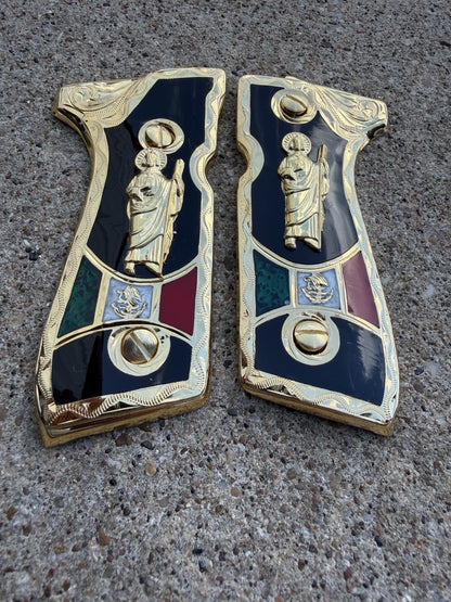 Beretta 92FS Cachas San Judas Gold Plated Pistol Custom Grips & Gold Screws