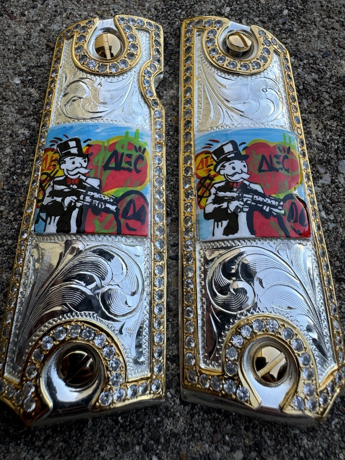 1911 ZIRCONIA 45 38 SUPER MONOPOLY GOLD GUN PISTOL GRIP CACHAS & 24K SCREWS