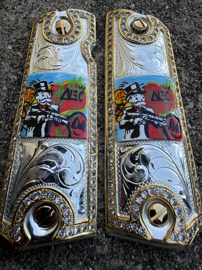 1911 ZIRCONIA 45 38 SUPER MONOPOLY GOLD GUN PISTOL GRIP CACHAS & 24K SCREWS