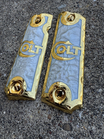 1911 45 38 Super Colt Full Size Gold Gun Pistol Grip Cachas & 24K Screws