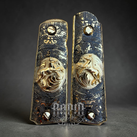 1911 45 38 Super Full Size Horse Aztec Gold Gun Pistol Grip Cachas & 24K Screws