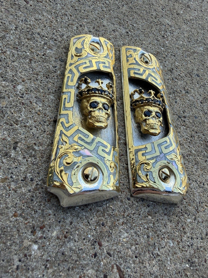1911 45 38 Super Full Size Skull Crown Gold Gun Pistol Grip Cachas & 24K Screws