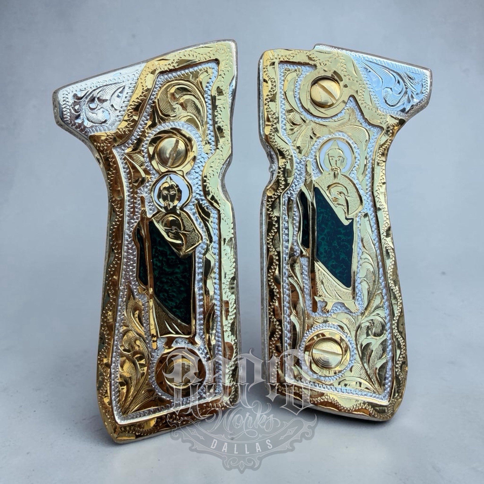 Beretta 92FS Cachas San Judas Gold Plated Pistol Custom Grips & Gold Screws