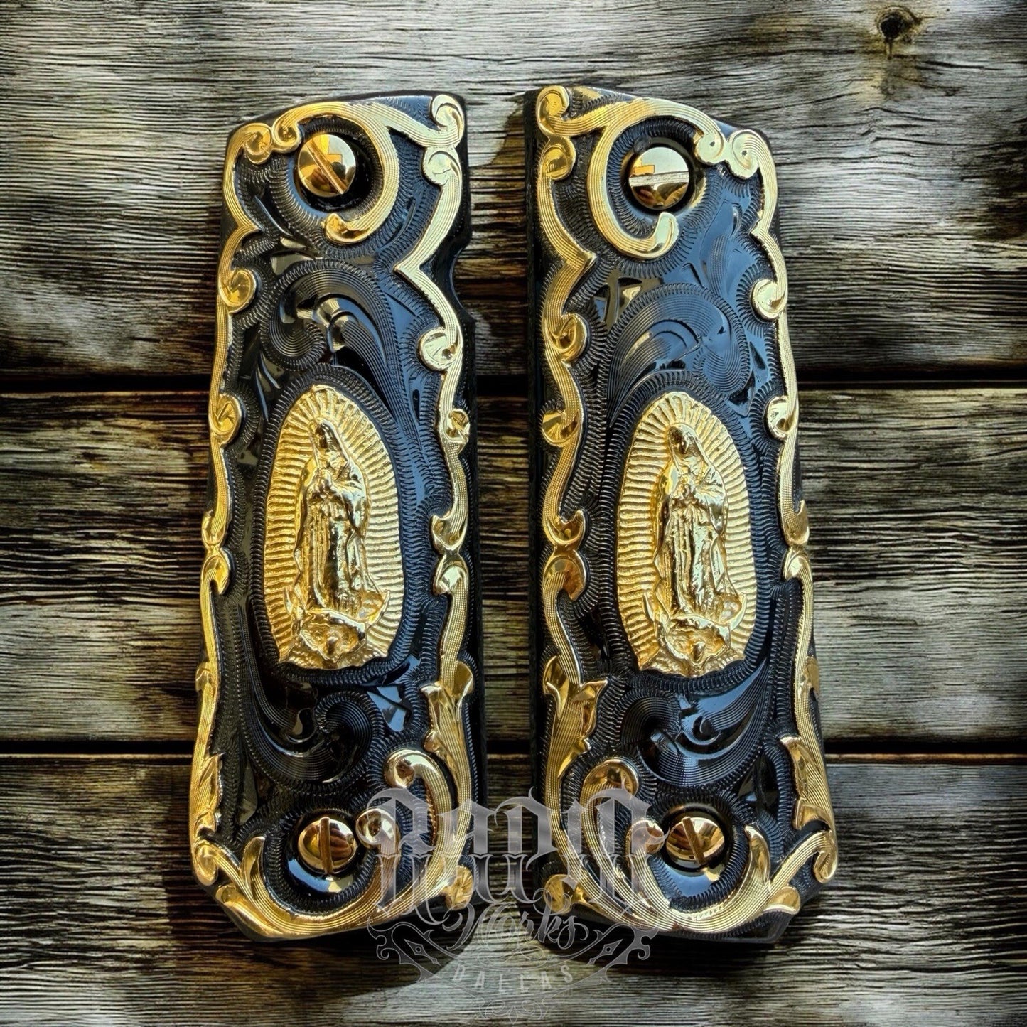 1911 45 38 Super Full Size Virgen De Guadalupe Gold Pistol Grip Cachas & Screws