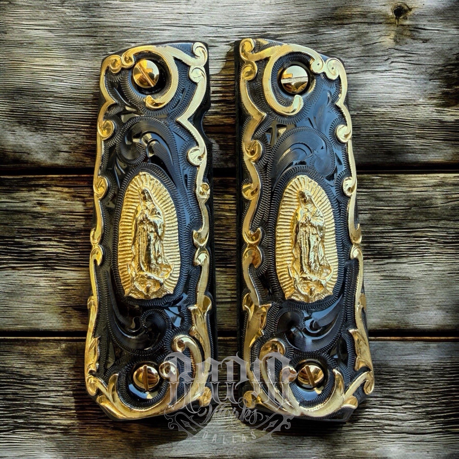 1911 45 38 Super Full Size Virgen De Guadalupe Gold Pistol Grip Cachas & Screws
