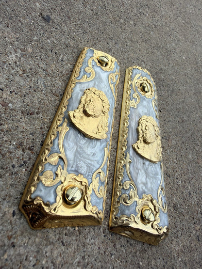 1911 45 38 Super Full Size Gold Gun Pistol Grip Cachas Chapeado & 24K Screws