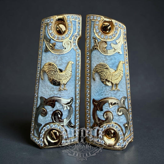 1911 ZIRCONIA 45 38 SUPER GALLO GOLD GUN PISTOL GRIP CACHAS & 24K  SCREWS