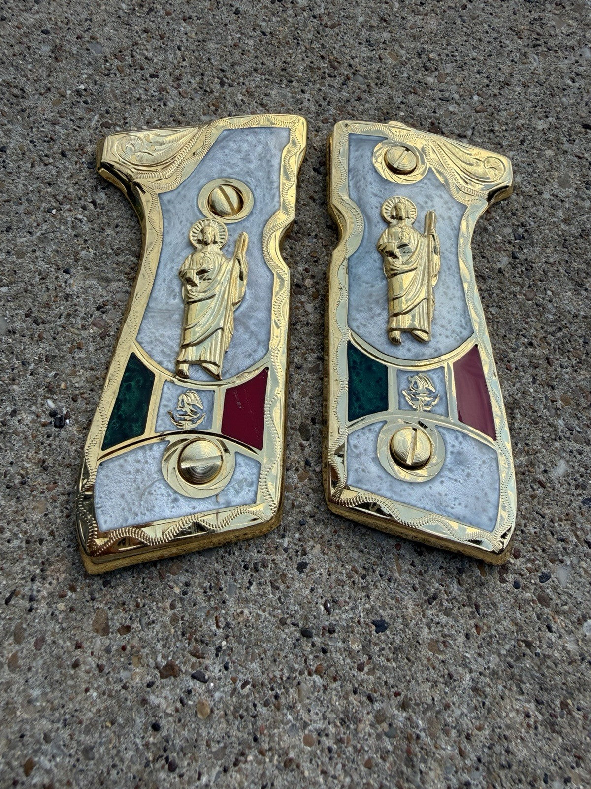 Beretta 92FS Cachas San Judas Gold Plated Pistol Custom Grips & Gold Screws