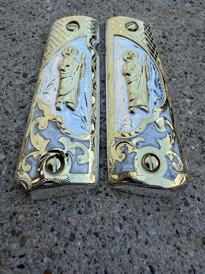1911 45 38 Super Full Size San Judas Gold Gun Pistol Grip Cachas & 24K Screws