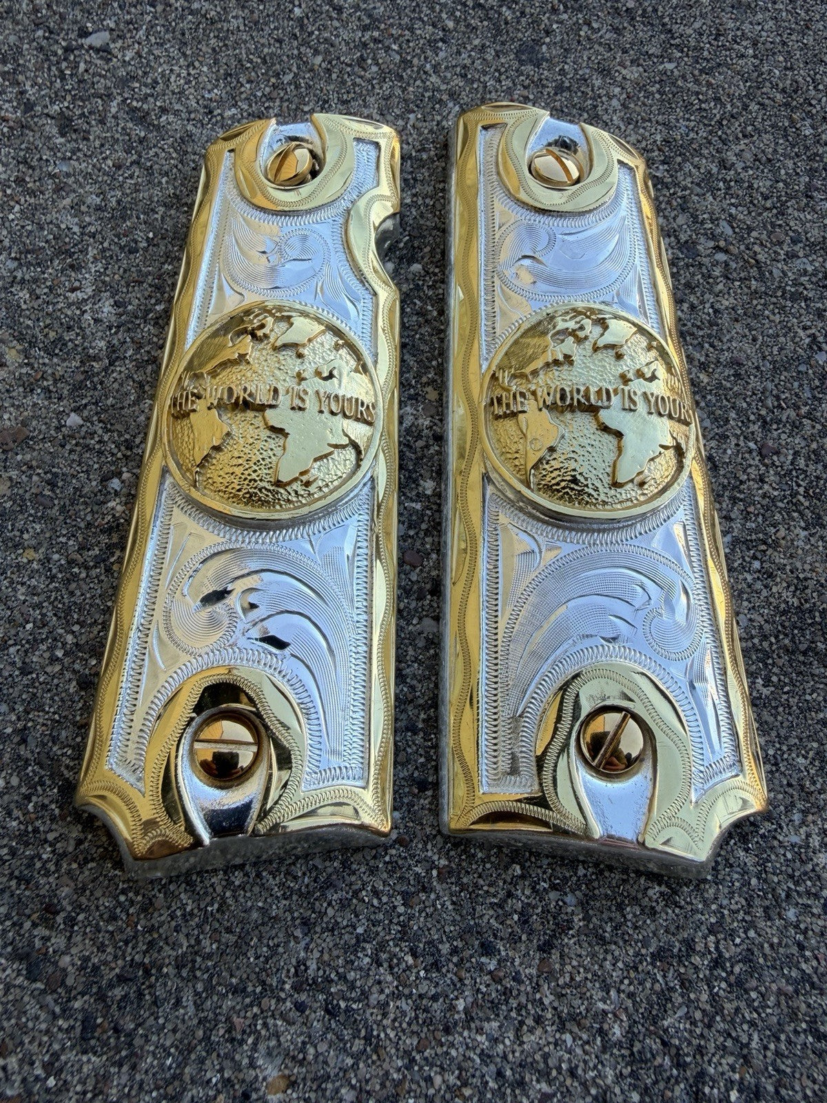 1911 45 38 Super Full Size World Is Yours Gold Gun Pistol Grip Cachas & 24KScrew