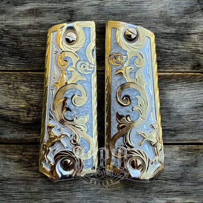 1911 45 38 Super Colt Horse Full Size Gold Gun Pistol Grip Cachas & 24K Screws