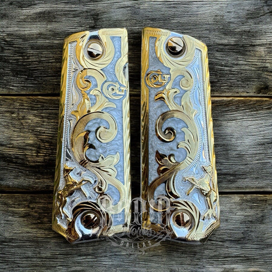 1911 45 38 Super Colt Horse Full Size Gold Gun Pistol Grip Cachas & 24K Screws
