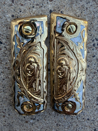 1911 45 38 Super Full Size San Judas Gold Gun Pistol Grip Cachas & 24K Screws