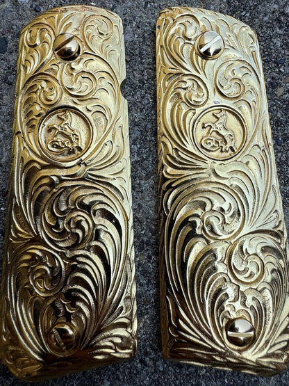 1911 45 38 Super Colt Horse Full Size Gold Gun Pistol Grip Cachas & 24K Screws