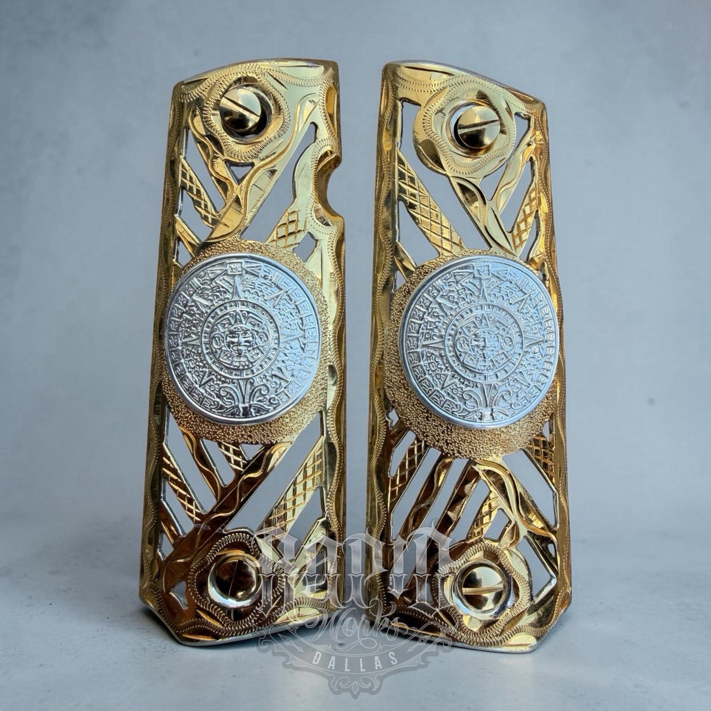 1911 45 38 Super Full Size Aztec Gold Gun Pistol Grip Cachas & 24K Screws