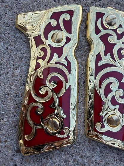 Beretta 92FS Cachas Scroll Gold Plated Pistol Custom Grips & Gold Screws