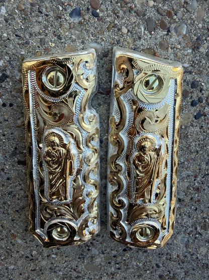 1911 45 38 Super Full Size San Judas Gold Gun Pistol Grip Cachas & 24K Screws