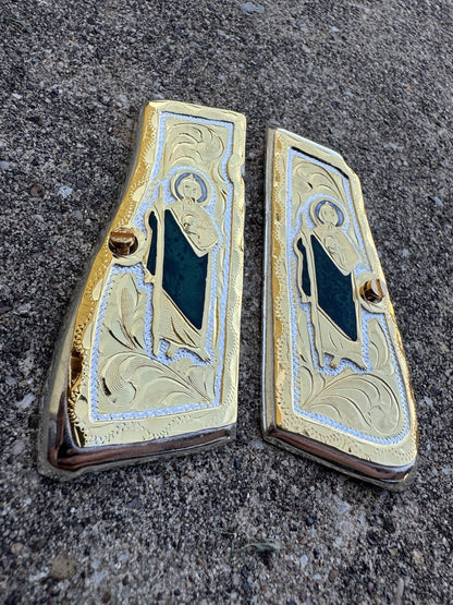 Browning Hi-Power 9mm San Judas Gold Gun Pistol Grip Cachas & 2 24K Screws