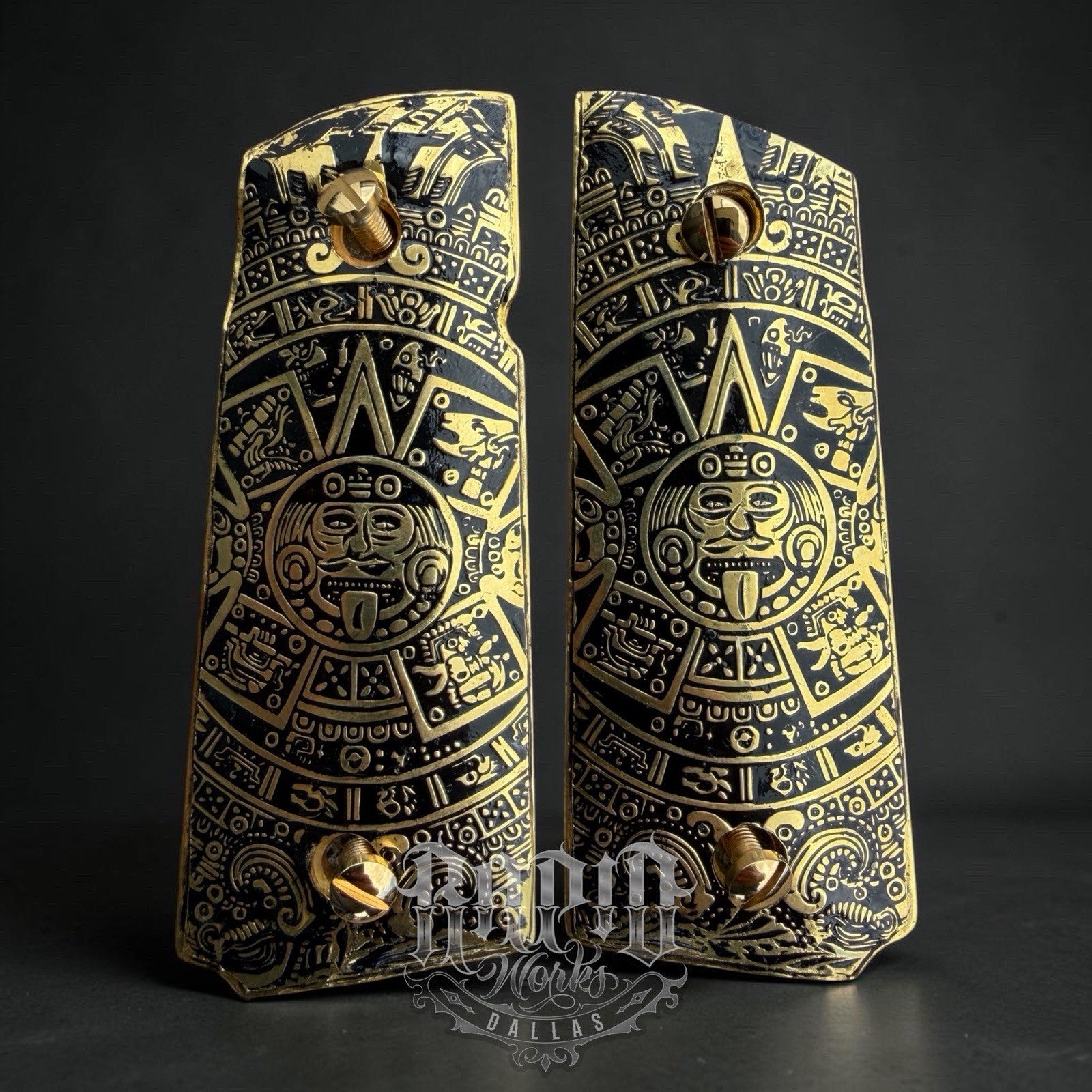 1911 Compact Officers Pistol Grips Aztec Cachas Gun Grips Gold Plated & Screws
