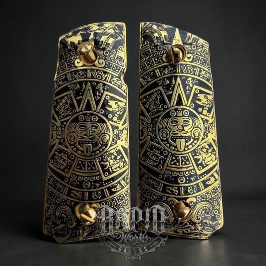 1911 Compact Officers Pistol Grips Aztec Cachas Gun Grips Gold Plated & Screws