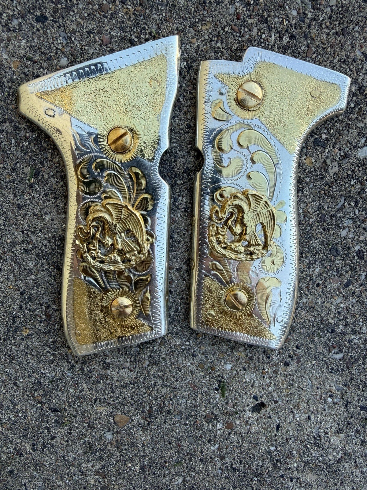 Beretta 92FS Cachas Mexican Eagle Gold Plated Pistol Custom Grips & Gold Screws