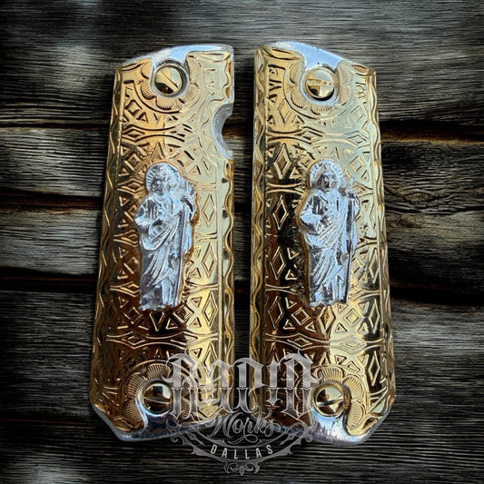 1911 45 38 Super Full Size San Judas Gold Gun Pistol Grip Cachas & 24K Screws
