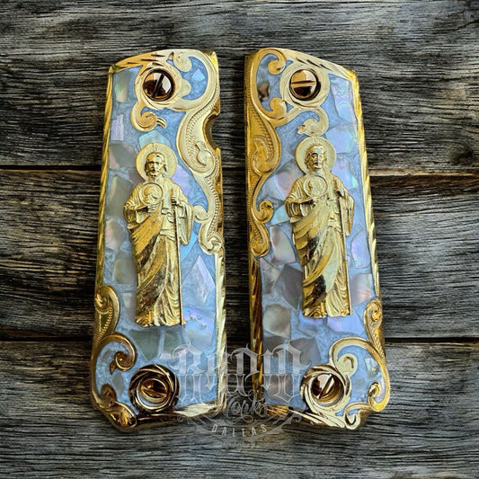 1911 45 38 Super San Judas Full Size Gold Gun Pistol Grip Cachas & 24K Screws