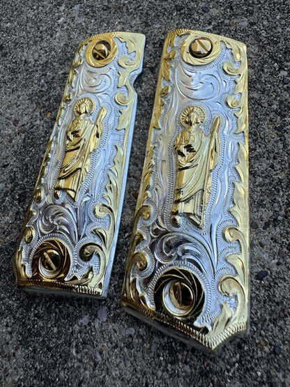 1911 45 38 Super San Judas Full Size Gold Gun Pistol Grip Cachas & 24K Screws