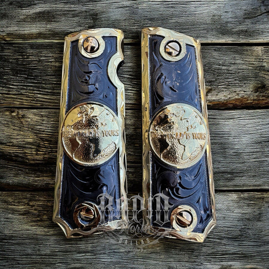 1911 45 38 Super Full Size World Is Yours Gold Gun Pistol Grip Cachas &24K Screw