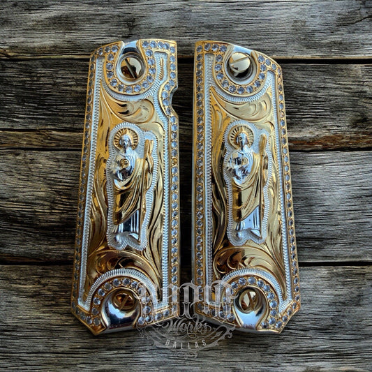 1911 ZIRCONIA 45 38 SUPER SAN JUDAS GOLD GUN PISTOL GRIP CACHAS & 24K SCREWS