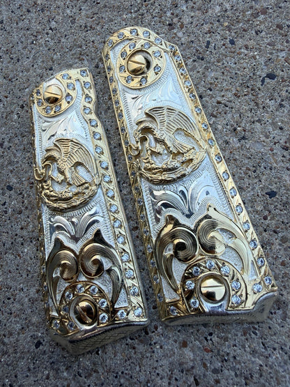 1911 ZIRCONIAS 45 38 SUPER MEXICAN EAGLE GOLD GUN PISTOL GRIP CACHAS & 24K SCREW