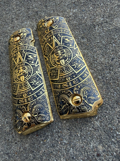 1911 45 38 Super Full Size Azteca Gold Gun Pistol Grip Cachas & 24K Screws