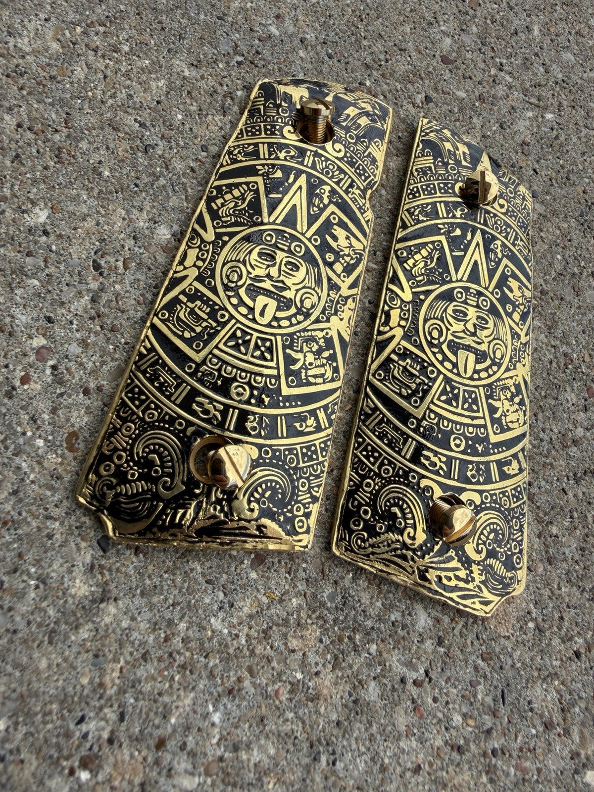 1911 Compact Officers Pistol Grips Aztec Cachas Gun Grips Gold Plated & Screws
