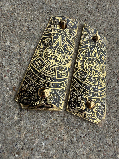 1911 Compact Officers Pistol Grips Aztec Cachas Gun Grips Gold Plated & Screws