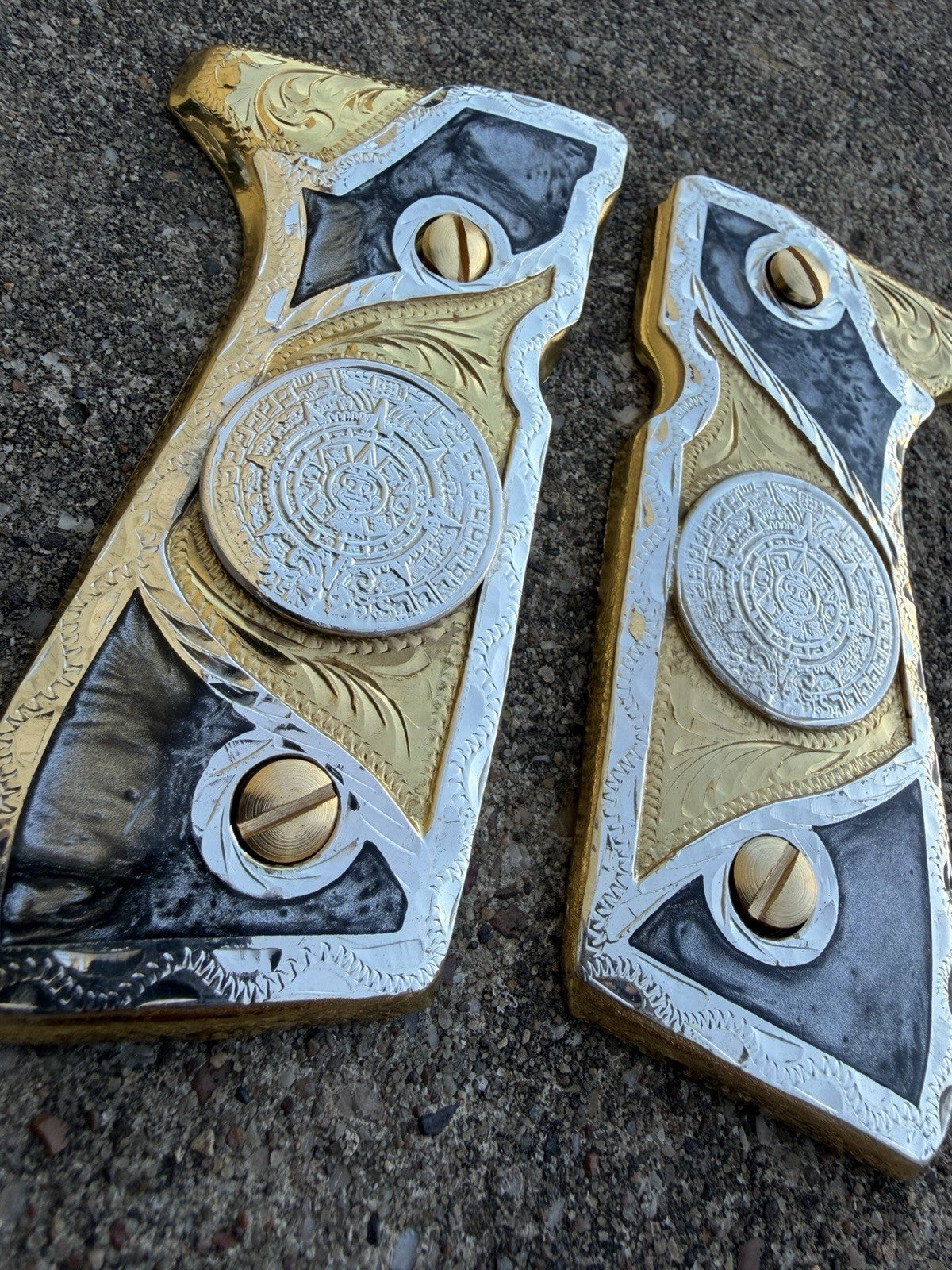 Beretta 92FS Cachas Azteca Gold Plated Pistol Custom Grips & Gold Screws