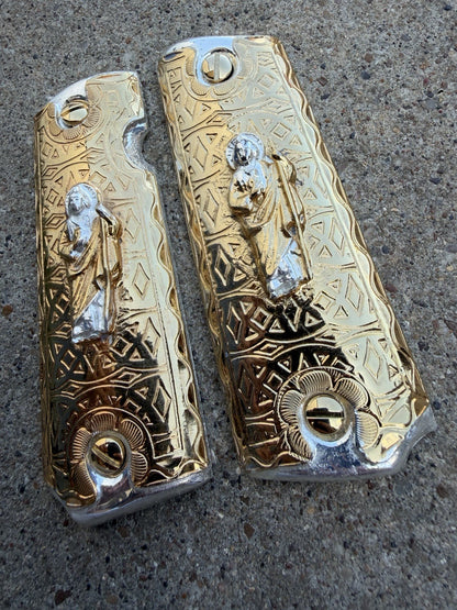 1911 45 38 Super Full Size San Judas Gold Gun Pistol Grip Cachas & 24K Screws