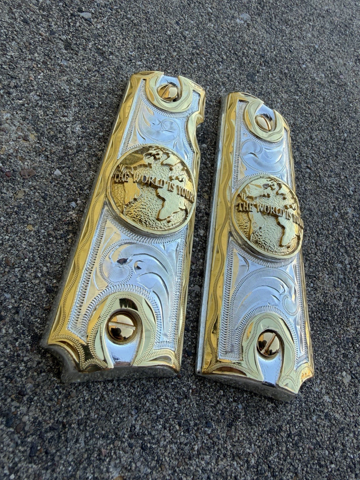 1911 45 38 Super Full Size World Is Yours Gold Gun Pistol Grip Cachas & 24KScrew