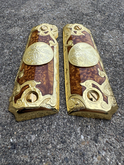 1911 45 38 Super Full Size Centenario Gold Gun Pistol Grip Cachas & 24K Screws
