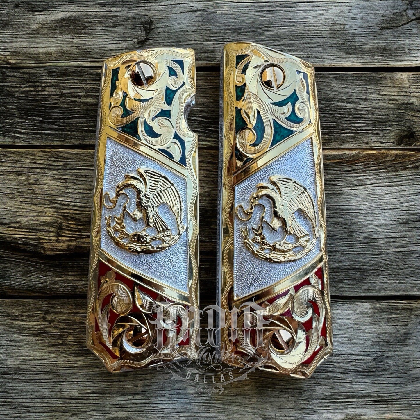 1911 45 38 Super Full Size Mexican Flag Gold Gun Pistol Grip Cachas & 24K Screws